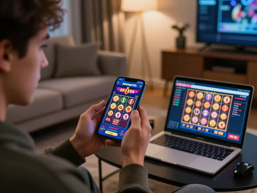 Player enjoying jokerapp123a on smartphone celebrating a big win in a cozy home setting.
