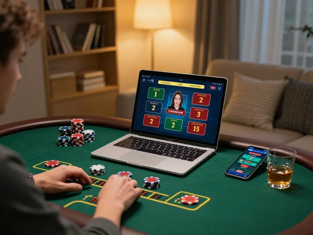 Engaging in a live dealer blackjack game at a nhà cái online casino from a cozy home.