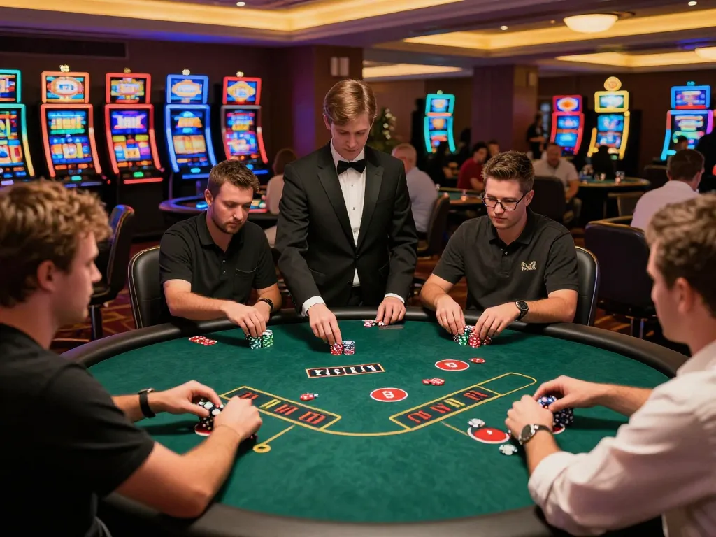 NK88 players engaged in a high-stakes poker game, showcasing lively atmosphere and professional setting.