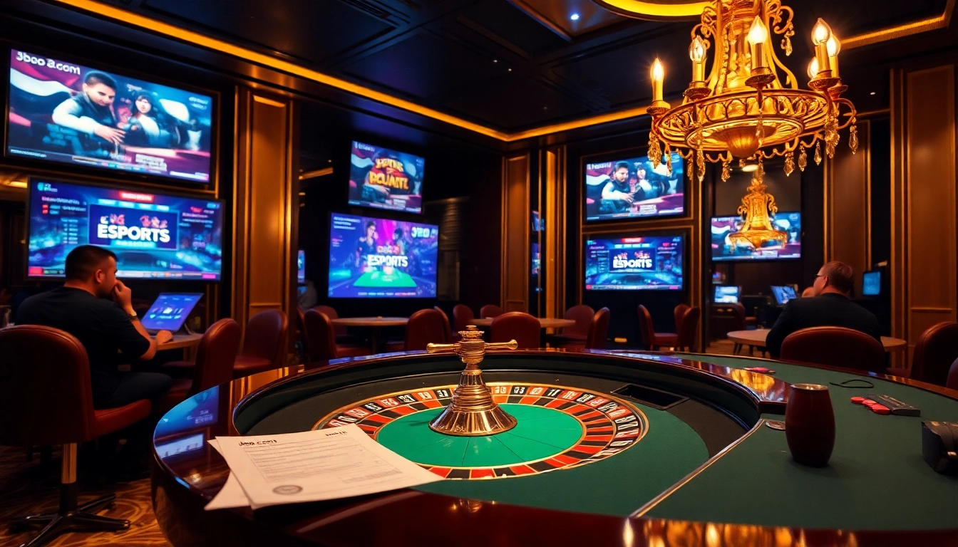 Players strategizing bets at a jbo.com branded roulette table in a luxurious casino.