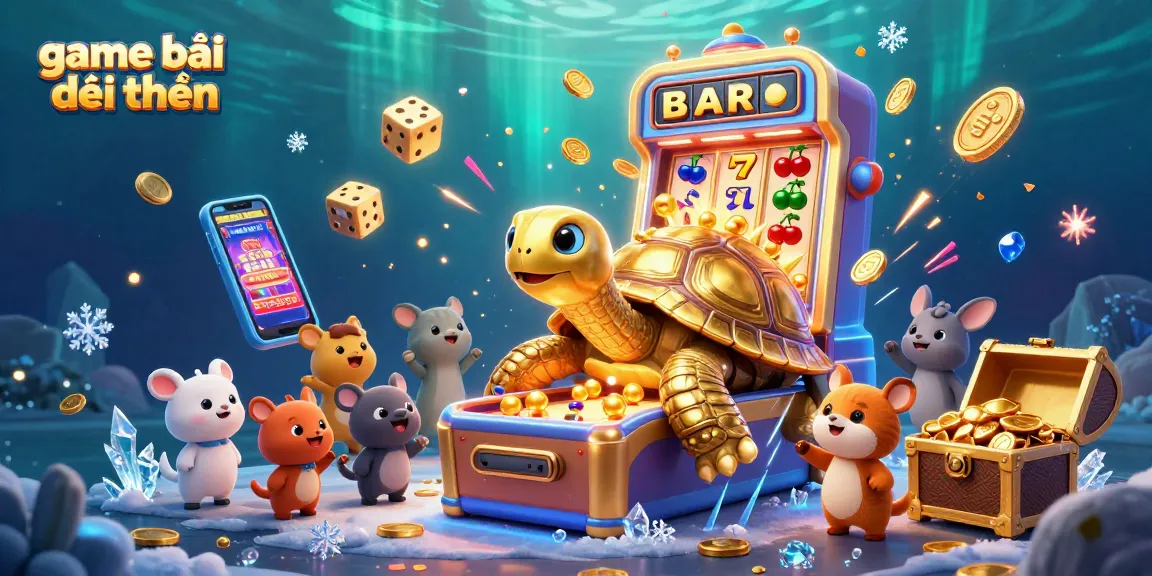 Engage in game bài đổi thưởng with exciting slot machines and cheerful characters in vibrant illustration