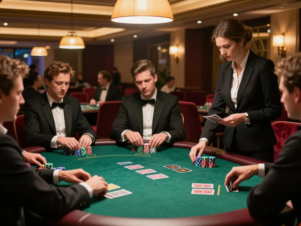 Players strategizing at a poker table at 23win casino, vibrant atmosphere and rich decor.
