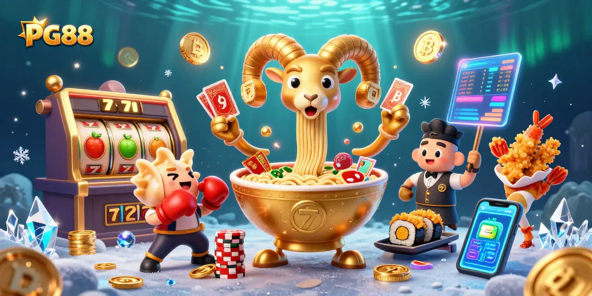 Engage with PG88's vibrant casino world featuring a winning giant ramen bowl and energetic characters.