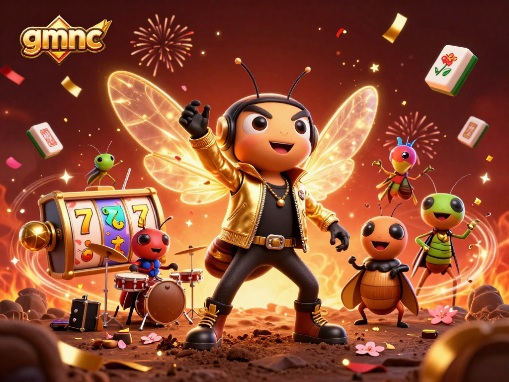 Spin winning slots with gmnc in this vibrant 3D cartoon illustration of a casino celebration.