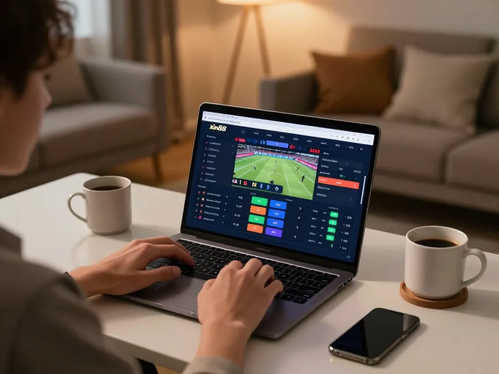 Engaged player using Xin88 for online sports betting while enjoying a cozy environment.