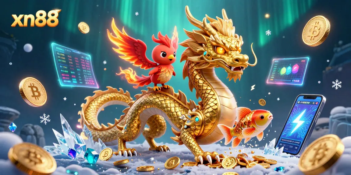 Experience thrilling wins at xn88 with this dynamic 3D illustration of dragons, phoenix, and coins!