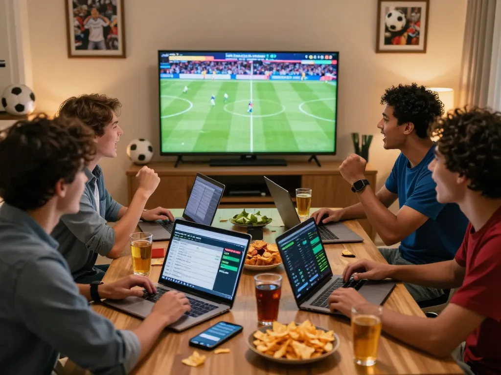 Friends enjoying kèo bóng đá trực tuyến during a live football match, surrounded by laptops and snacks.