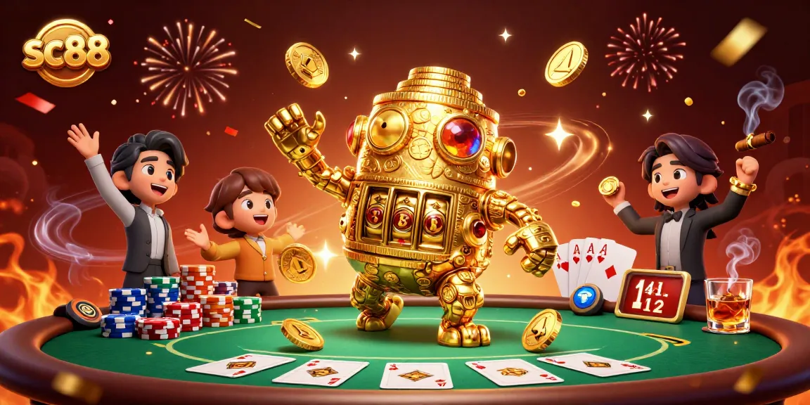 Bet on sc88 with a vibrant scene of golden golem, poker tables, and celebration effects.