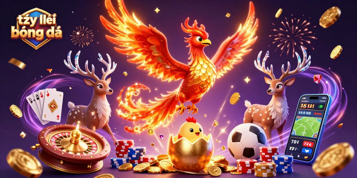 Experience dynamic sports betting with tỷ lệ bóng đá as a golden phoenix and soccer elements illuminate the scene.