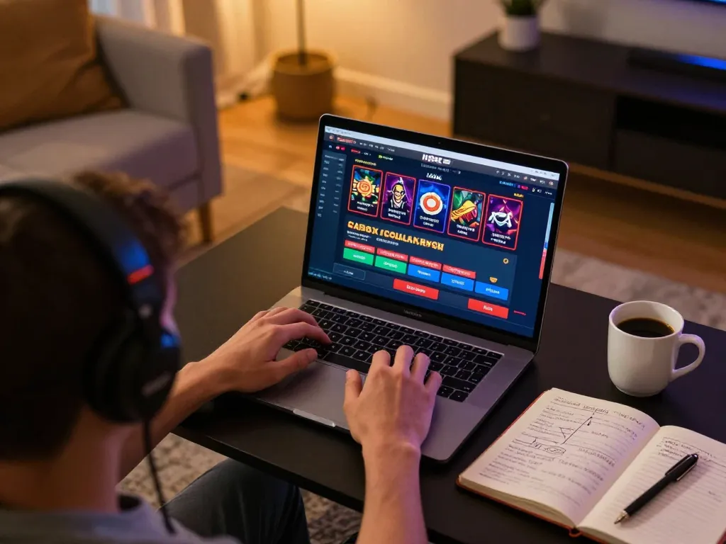 Player enjoying Hbet online gaming on a laptop in a cozy home setting with strategy notes.