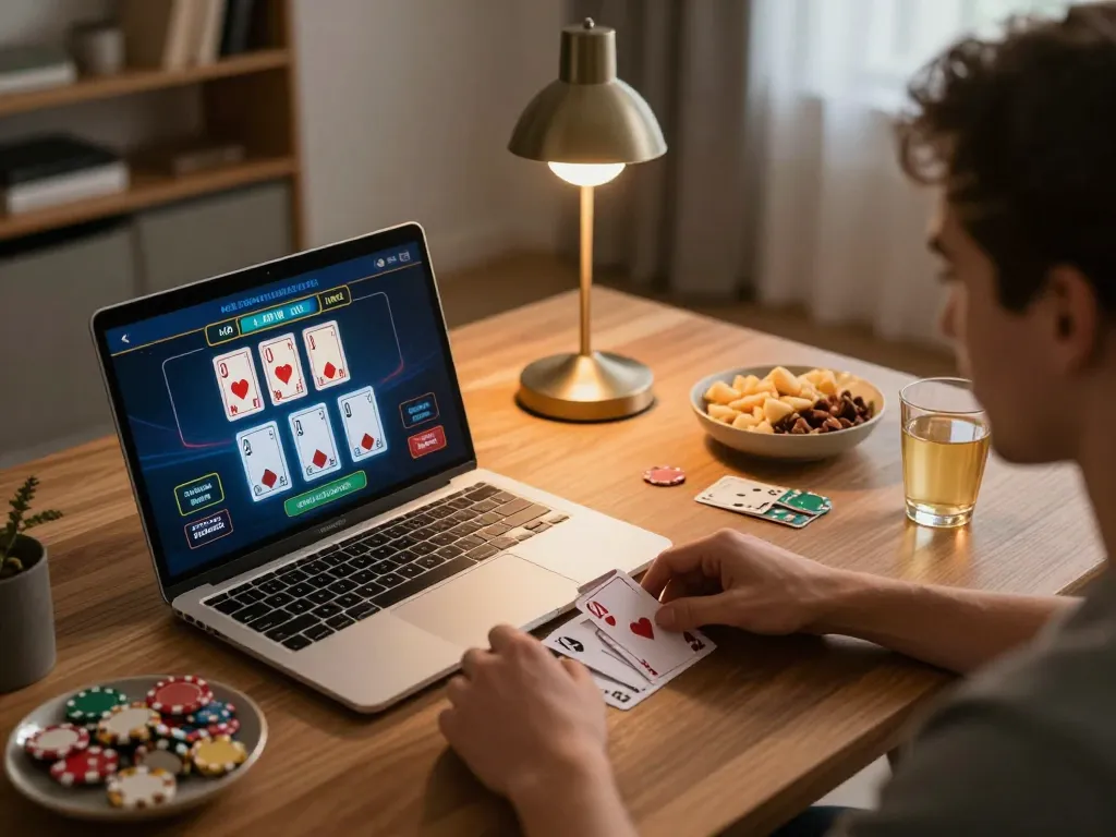 79win player enjoying a live baccarat session on laptop in a cozy home setting