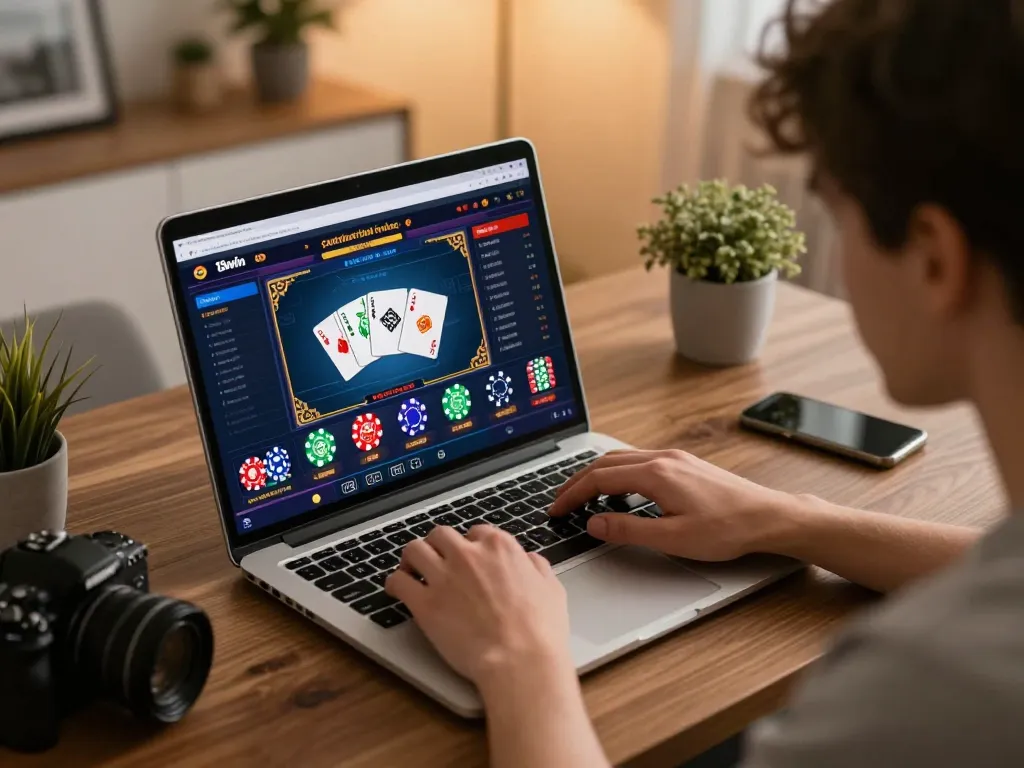 Player engaging with 13win's casino interface on laptop, highlighting strategic betting moments.