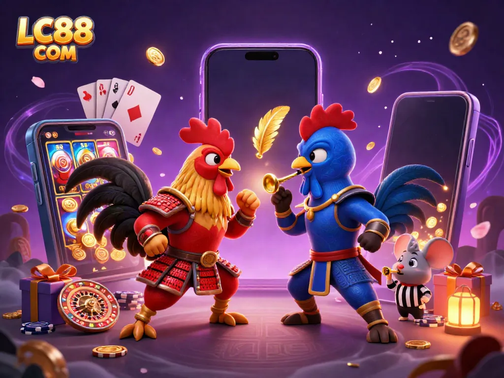 Engage in thrilling casino action with LC88 COM's dynamic rooster showdown and colorful gaming elements.