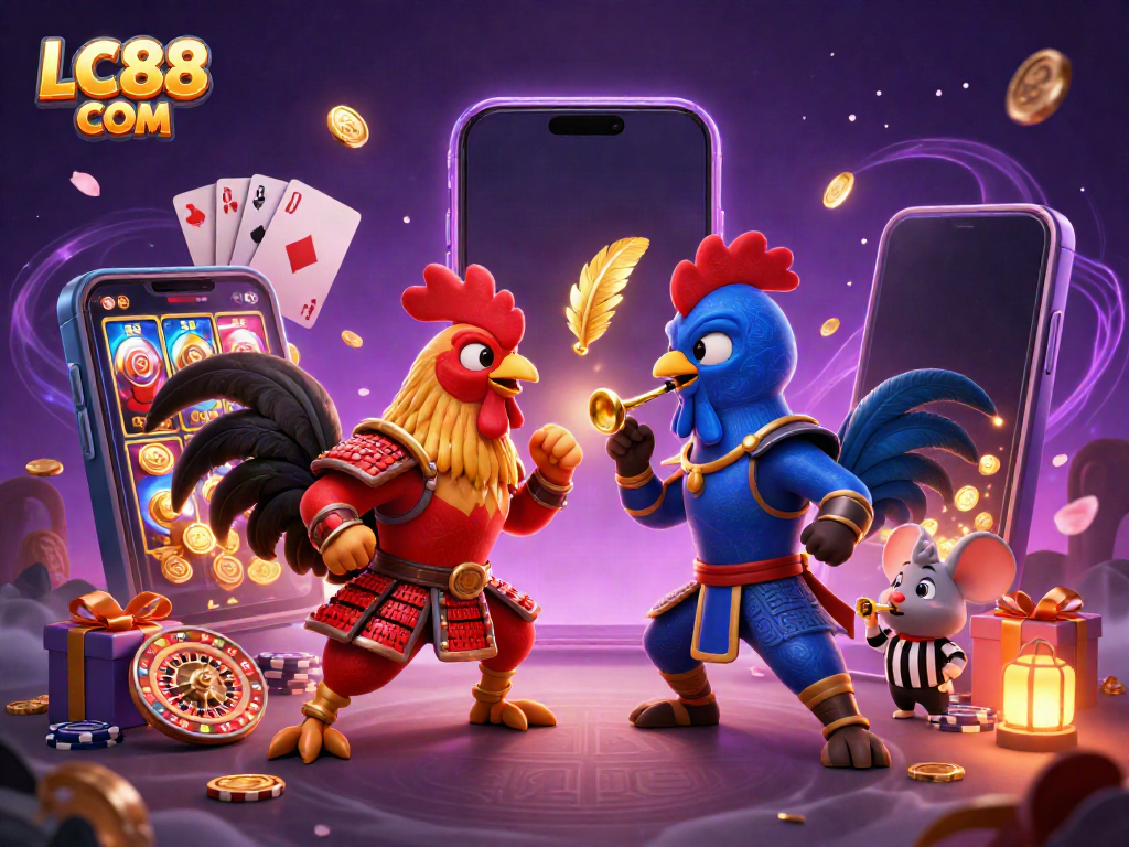Engage in thrilling casino action with LC88 COM's dynamic rooster showdown and colorful gaming elements.