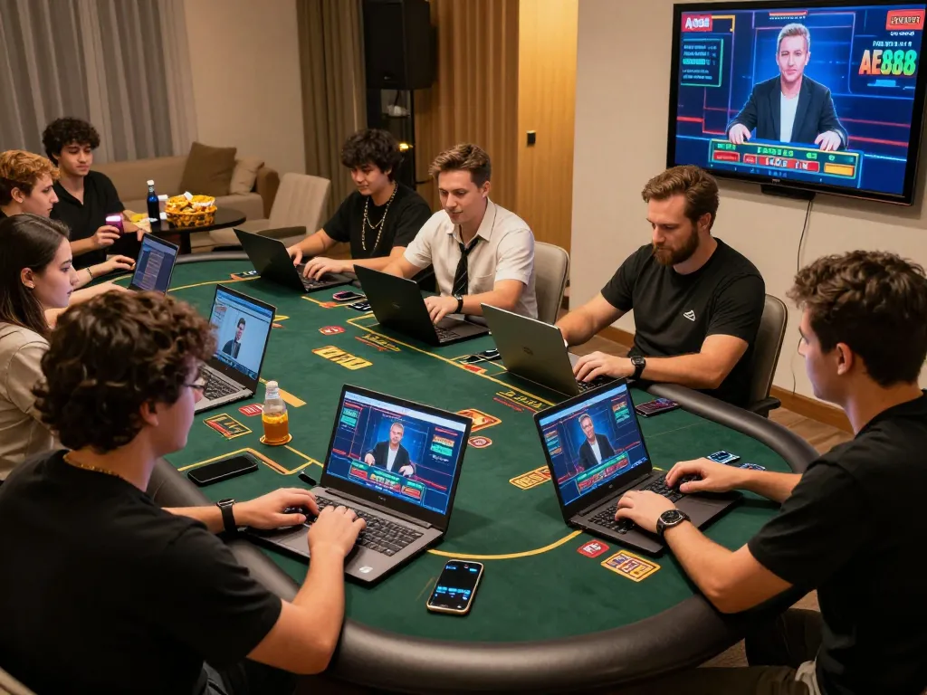 Players enjoying live dealer games on AE888 from home, highlighting interactive online casino experience.