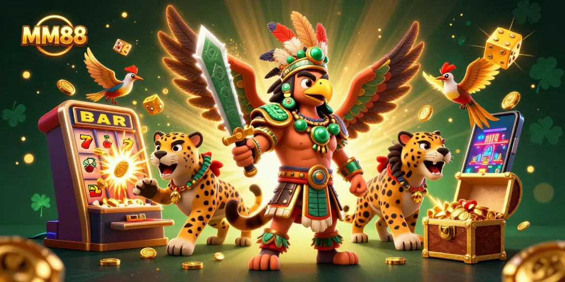 Win big with MM88 as 3D Aztec warriors celebrate jackpots in an exciting casino scene.