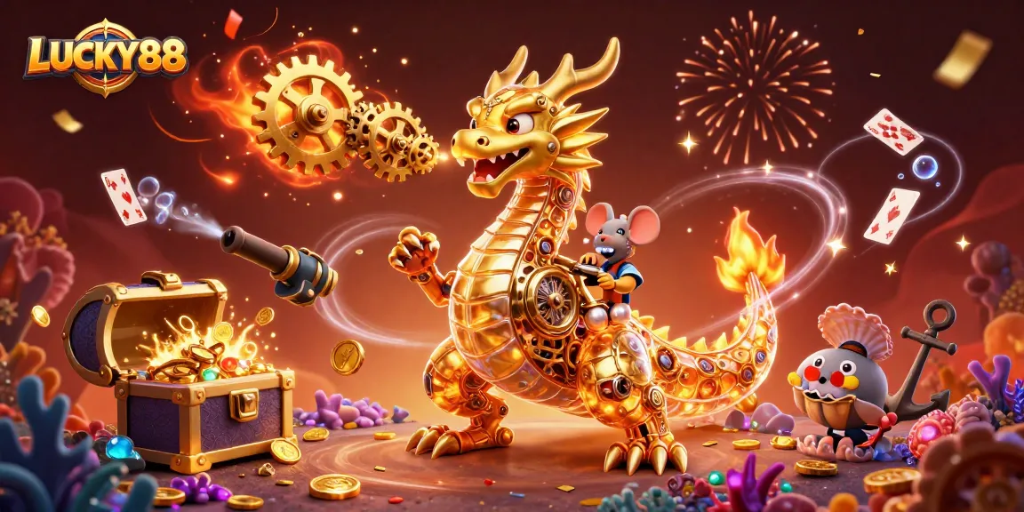 LUCKY88 showcases a dragon surrounded by treasure, coins, and cards in a vibrant casino scene.