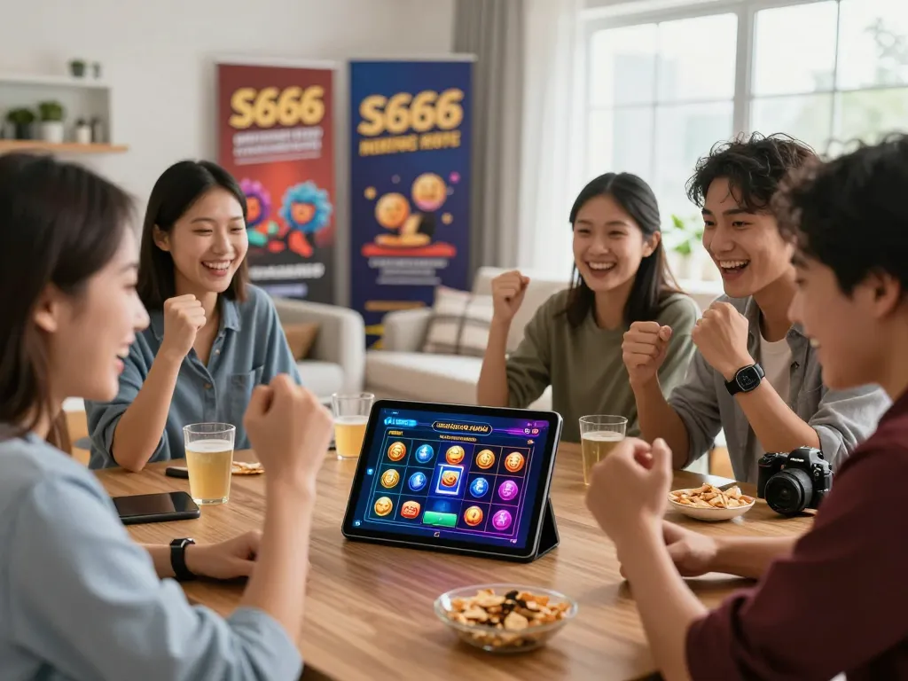 Friends celebrating a win using the S666 gambling app in a cozy living room