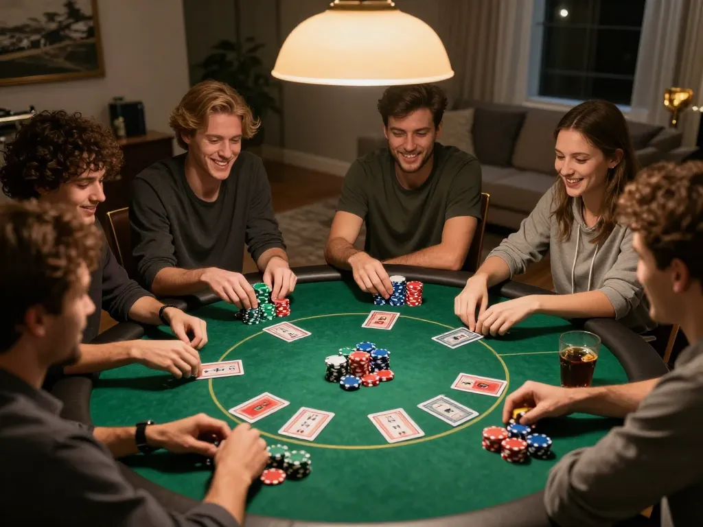vin88 hosts a lively home poker night with friends enjoying strategic gameplay and colorful chips.