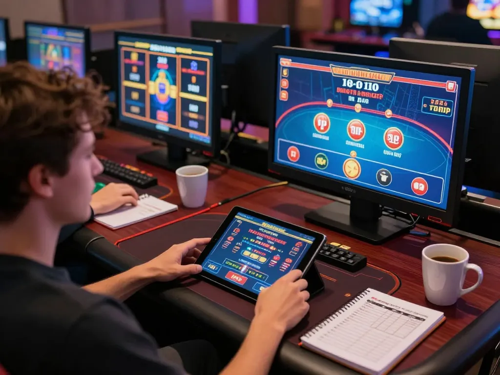sin88s user enjoying online poker and slots at home with tablet and betting notes