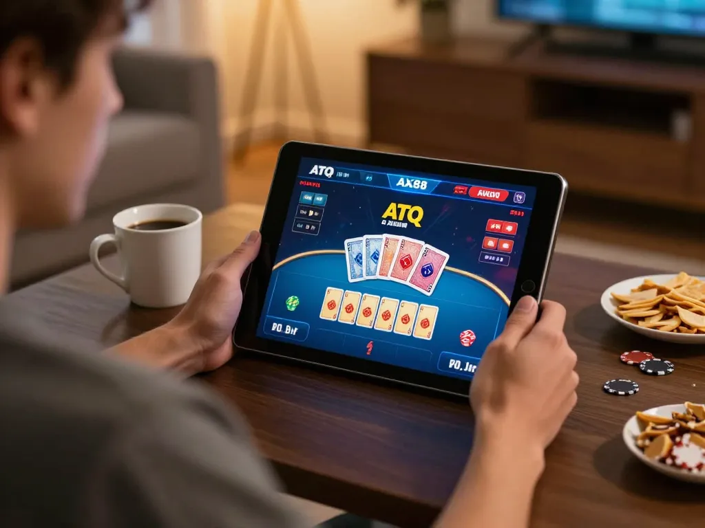Engaging home gaming atmosphere showcasing ATQ ax88 poker interface with player strategizing.