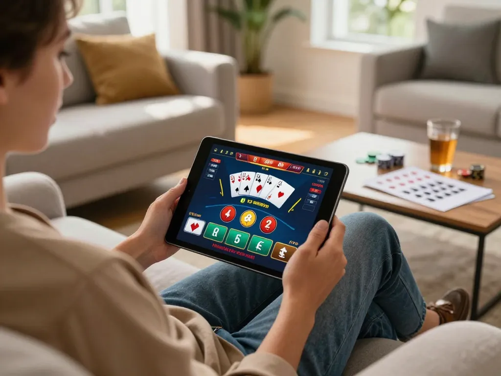 Engaging gameplay on fly88's online platform from a cozy home setting, showcasing a relaxed player analyzing poker strategies.