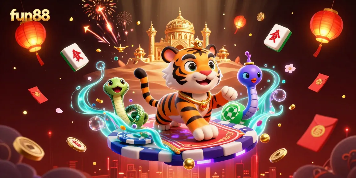 Experience fun88's enchanting casino world with a vibrant, magical scene featuring a tiger sultan on a flying carpet.