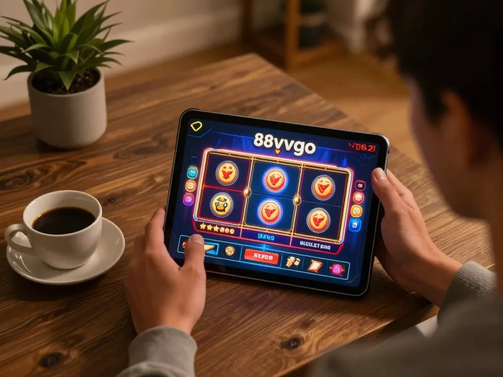 Player enjoying 88vvgo casino app on tablet while sipping coffee in cozy home setting.