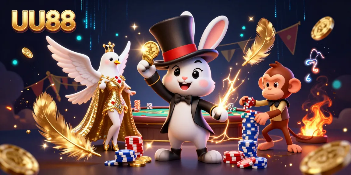 UU88 magician rabbit reveals poker chips with dazzling effects in a thrilling casino scene.