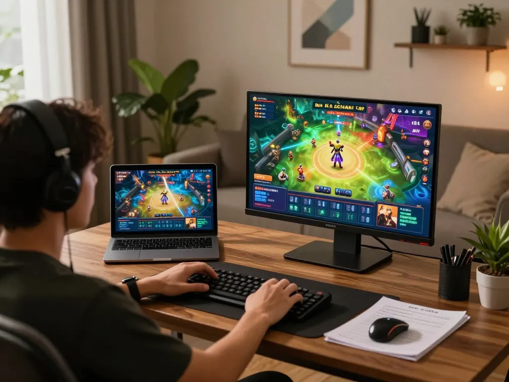 Engaged player enjoying game bài đổi thưởng on tablet and laptop in a cozy home setup.