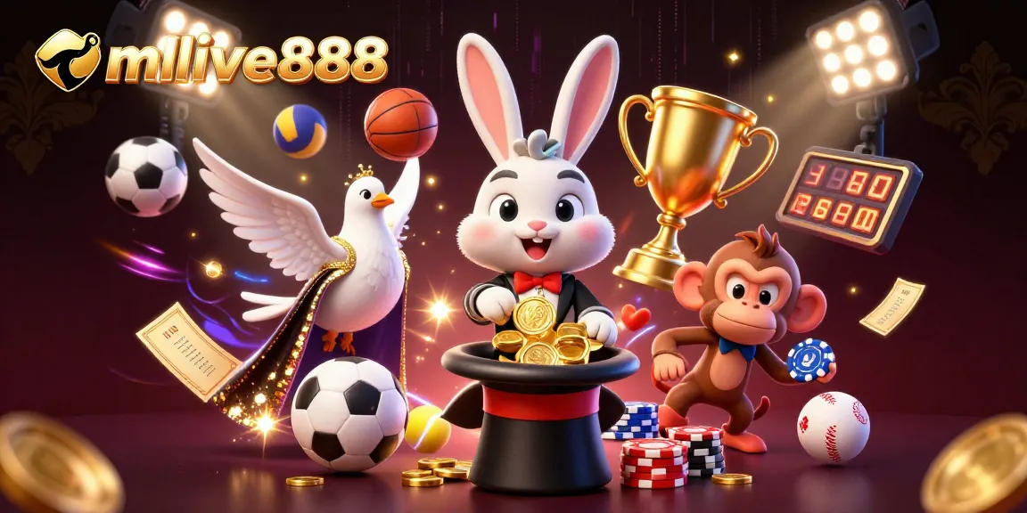 MMLIVE888 showcases a vibrant 3D scene where characters interact with golden coins and poker chips in a dynamic casino setting.