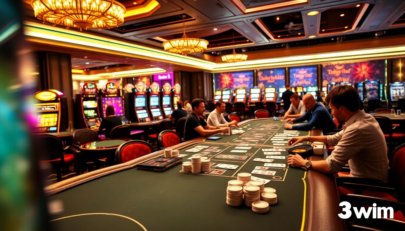 Experience the excitement at 3win’s sophisticated casino with glowing slot machines and intense poker action.