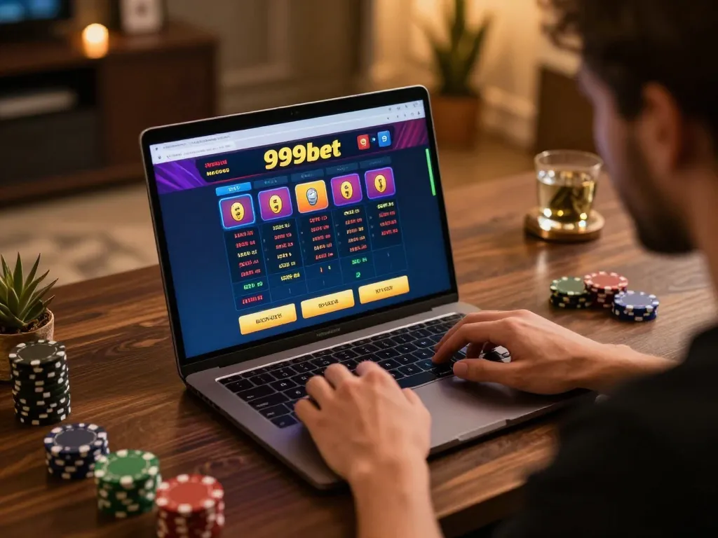 Engaged player strategizing on 999bet online casino interface in a cozy home setting