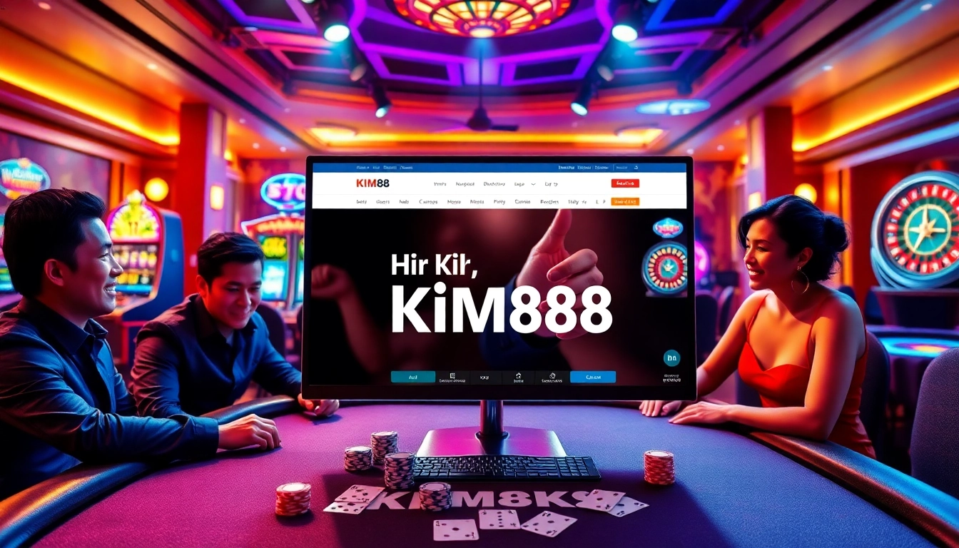 Experience the excitement of KIM88 gaming through this vibrant casino scene showcasing poker and slots.