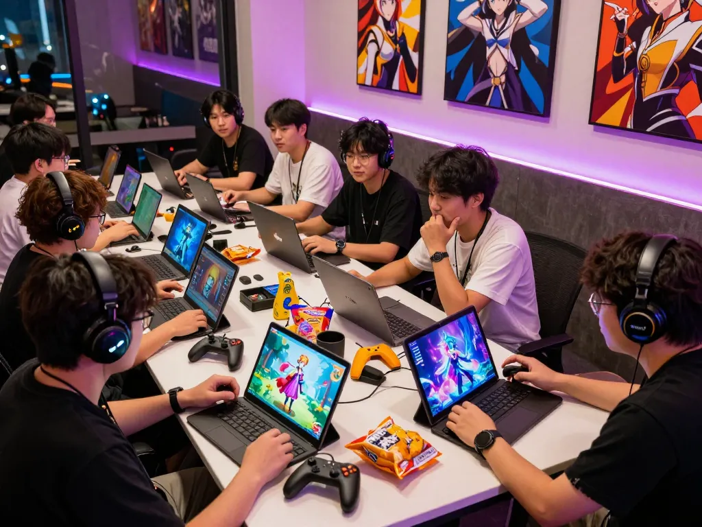 Engaged players enjoying popular porn games on various devices in a lively gaming environment