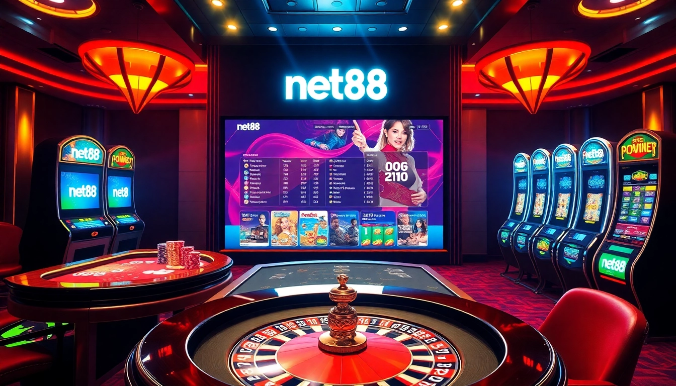 Players enjoy online gaming at NET88, featuring vibrant casino tables, poker chips, and roulette.