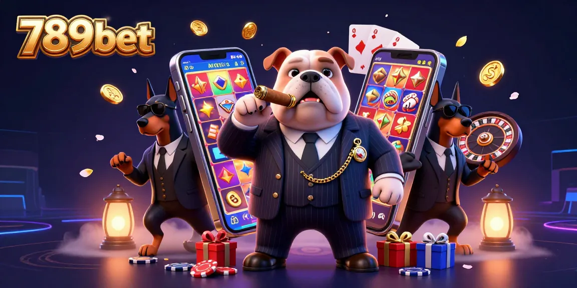 Engage in dynamic gaming action with 789bet featuring a mafia bulldog surrounded by thrilling casino elements.