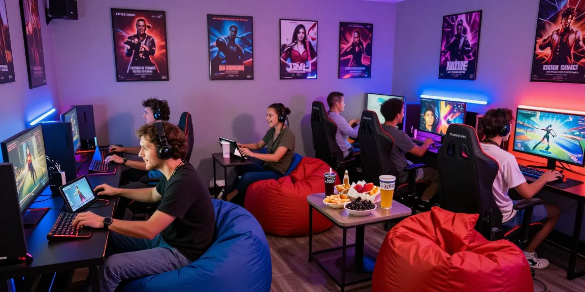 Group of adults enjoying a porn game online in a vibrant gaming lounge.