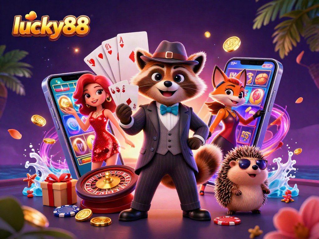 Engage with lucky88's animated casino scene featuring a suave raccoon, glamorous fox, and a hedgehog bouncer.