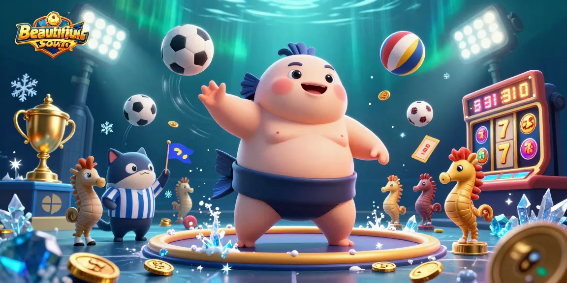 Beautifulsouth showcases a vibrant underwater casino scene with a fugu and a catfish referee amidst flying sports balls and slot elements.
