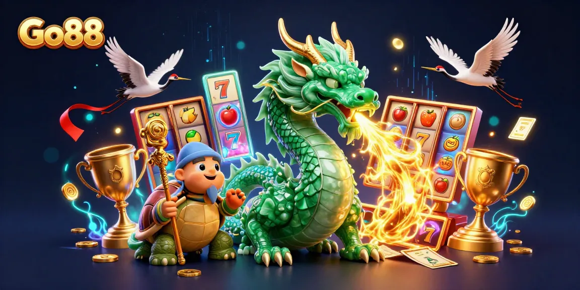 Engage in thrilling gameplay at Go88 featuring a vibrant dragon and turtle amidst exciting jackpot reels.