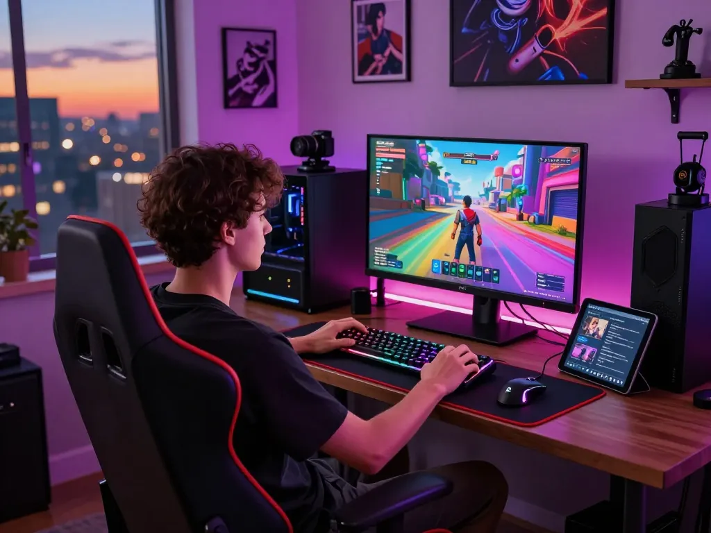 Engaged gamer playing a vibrant sex game on a high-resolution monitor in a modern gaming room.