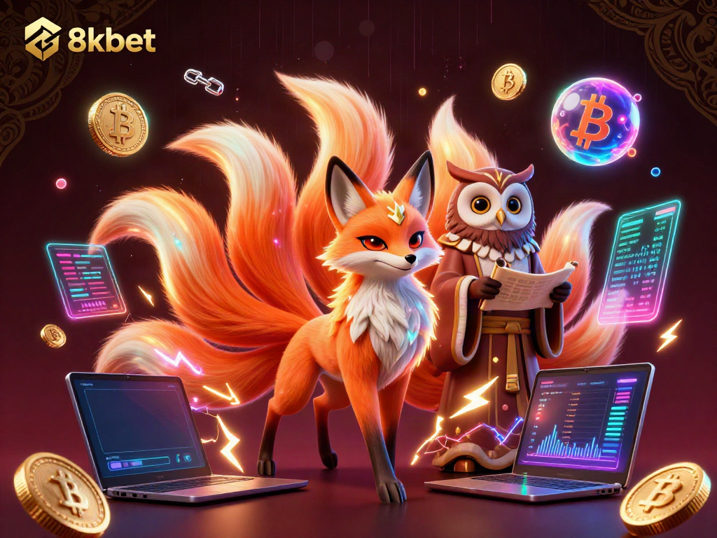 Experience the vibrant energy of 8xbet with a colorful fox spirit and wise owl in a rich casino-themed digital illustration.