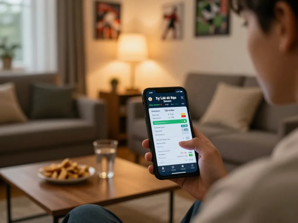 Engaging in tỷ lệ kèo nhà cái hôm nay via smartphone while immersed in sports bets at home.