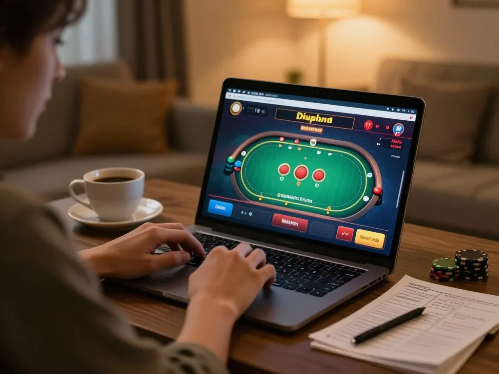 Player engaged in online casino gaming at link 789win with strategic notes in a cozy setting.