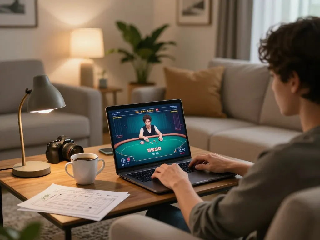 Home player engaging in Hubet online poker game, showcasing strategic gameplay setup with notes.