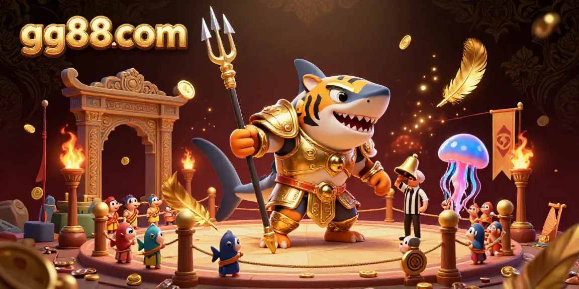 Engage with the thrilling underwater gambling realm of gg88com featuring a gladiator shark, a jellyfish referee, and vibrant casino elements.