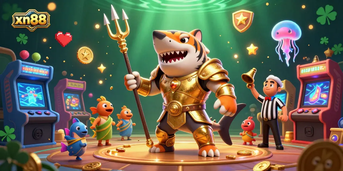 Engage with xn88's underwater casino illustration featuring a tiger shark and arcade games.