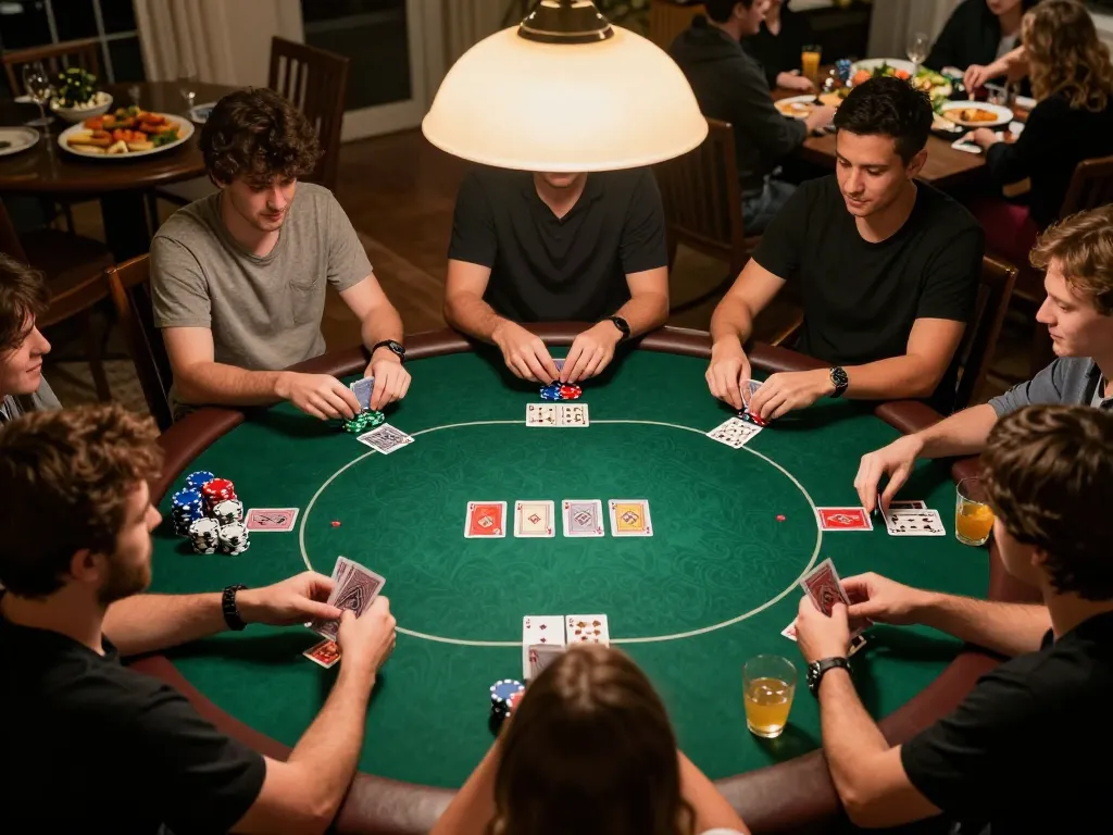 A friendly poker game showcasing players at a home setting while using nhacaiuytinn for strategies.
