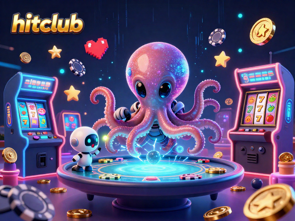 Join the hitclub experience with a vibrant alien octopus at a holographic poker table amidst exciting slot game elements.